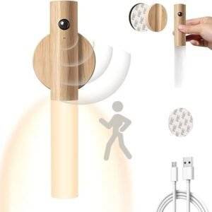 LED Wood Night Light PIR Motion Sensor Magnetic Wall Lamp USB Rechargeable Lights Home Staircase Bedroom Lamp Bedside Lighting