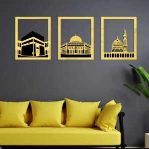 Set Of 3 Masjid Al-Haram - Masjid Al-Aqsa & Masjid An-Nabawi Wall Decor Wall Sticker Muslim Acrylic Mirror Wooden Room Decor (Golden)