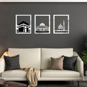 Set Of 3 Masjid Al-Haram - Masjid Al-Aqsa & Masjid An-Nabawi Wall Decor Wall Sticker Muslim Acrylic Mirror Wooden Room Decor (Silver)