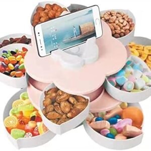 Snack Serving Tray, Double-Deck Petal Rotating Dried Fruit Plate Snacks Storage Tray with Phone Holder