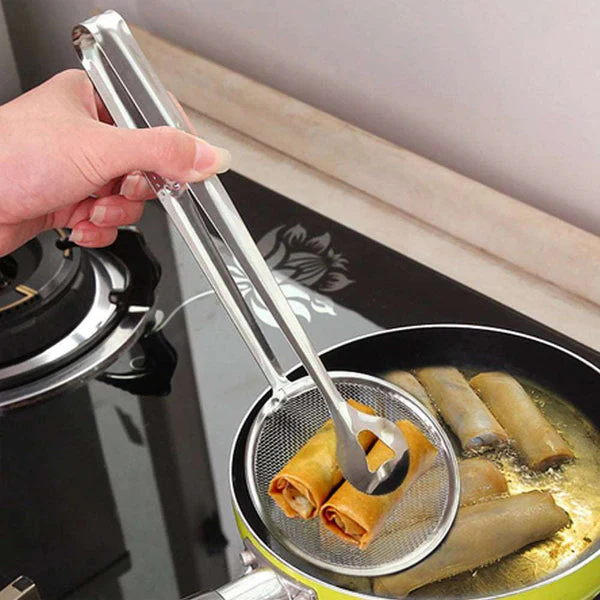 2 IN 1 FRYING TONG | Imported Small Multi-functional 2 in 1 Fry Tool Filter Spoon Strainer With Clip, Oil Frying BBQ Filter Stainless Steel Mesh - Image 6