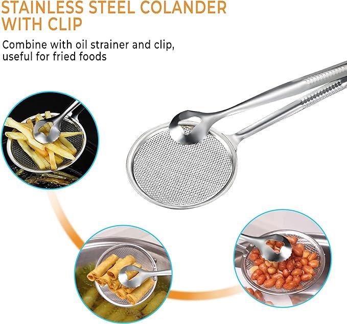 2 IN 1 FRYING TONG | Imported Small Multi-functional 2 in 1 Fry Tool Filter Spoon Strainer With Clip, Oil Frying BBQ Filter Stainless Steel Mesh - Image 8
