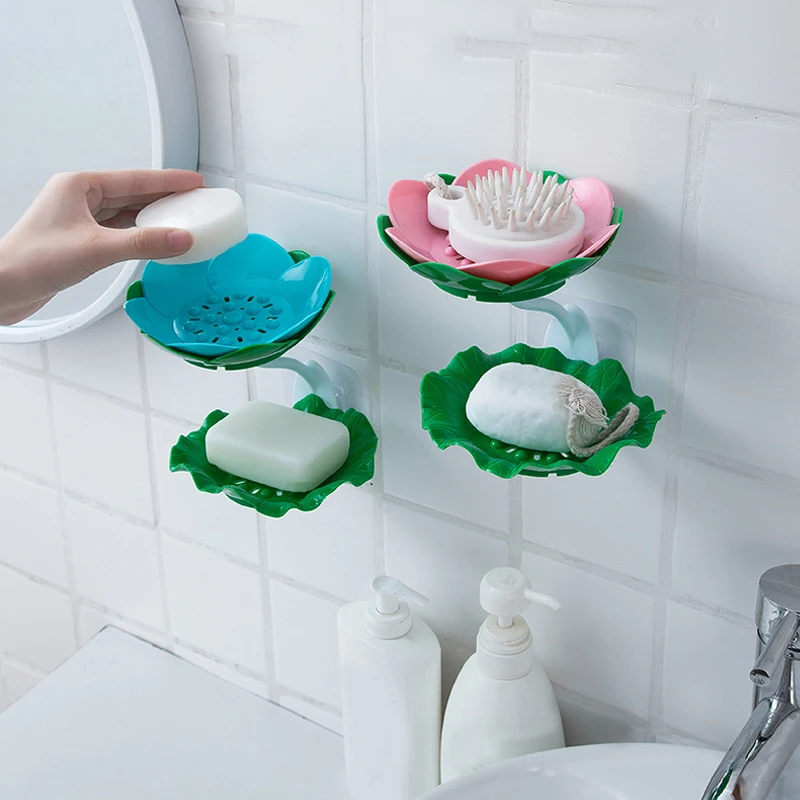 Double Wall Hanging Drain Soap Box Multifunctional Lotus Flower Shaped Soap Holder Bathroom Rack Household Non-slip Storage Hook (Random colors) - Image 3