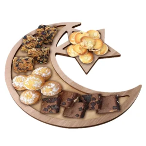 ramzan Wood Serving Tray,Portable Food Storage Container Moon Star Decor -