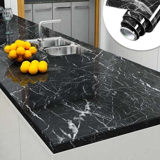 Self Adhesive Black Marble Sheet for Kitchen / Waterproof Anti Oil & Heat Resistant Wallpaper Sheet