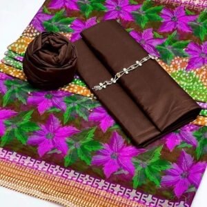 3 pcs suit Qattan silk with Neckline shirt and trouser Net floral print dupatta( brown )