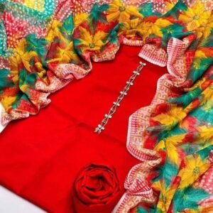 3 pcs suit Qattan silk with Neckline shirt and trouser Net floral print dupatta( red)