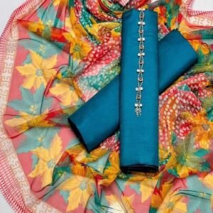 3 pcs suit Qattan silk with Neckline shirt and trouser Net floral print dupatta(  Zinc  )