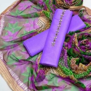 3 pcs suit Qattan silk with Neckline shirt and trouser Net floral print dupatta( Kasni light purple )