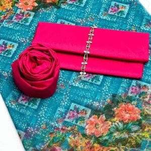 3 pcs suit Qattan silk with Neckline shirt and trouser Net floral print dupatta(  Shoking pink  )