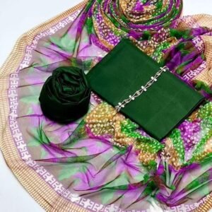 3 pcs suit Qattan silk with Neckline shirt and trouser Net floral print dupatta( Bottel green )