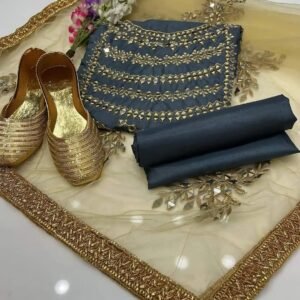 4 Piece Unstitched Suit – Grey (with Khussa)