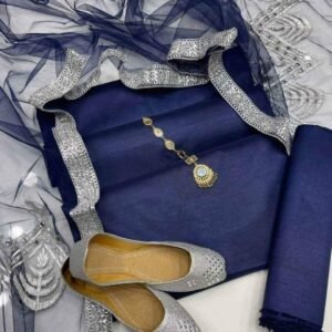 4 Piece Unstitched Suite – Navy Blue (with Khussa)