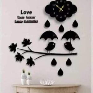 Love Birds with Umbrella Standing On Tree Branch Cloud Raining Wooden Wall Clock