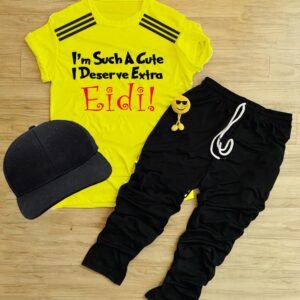 Pack Of 3 Disserve Extra Eidi Yellow Tracksuite For Kid Shirt Trouser Cap