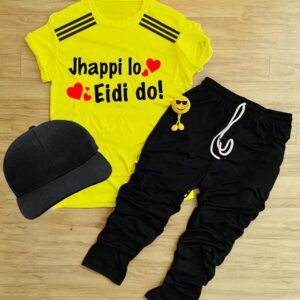 Pack Of 3 Jhappi Lo Eidi Do Yellow Tracksuite For Kid Shirt Trouser Cap