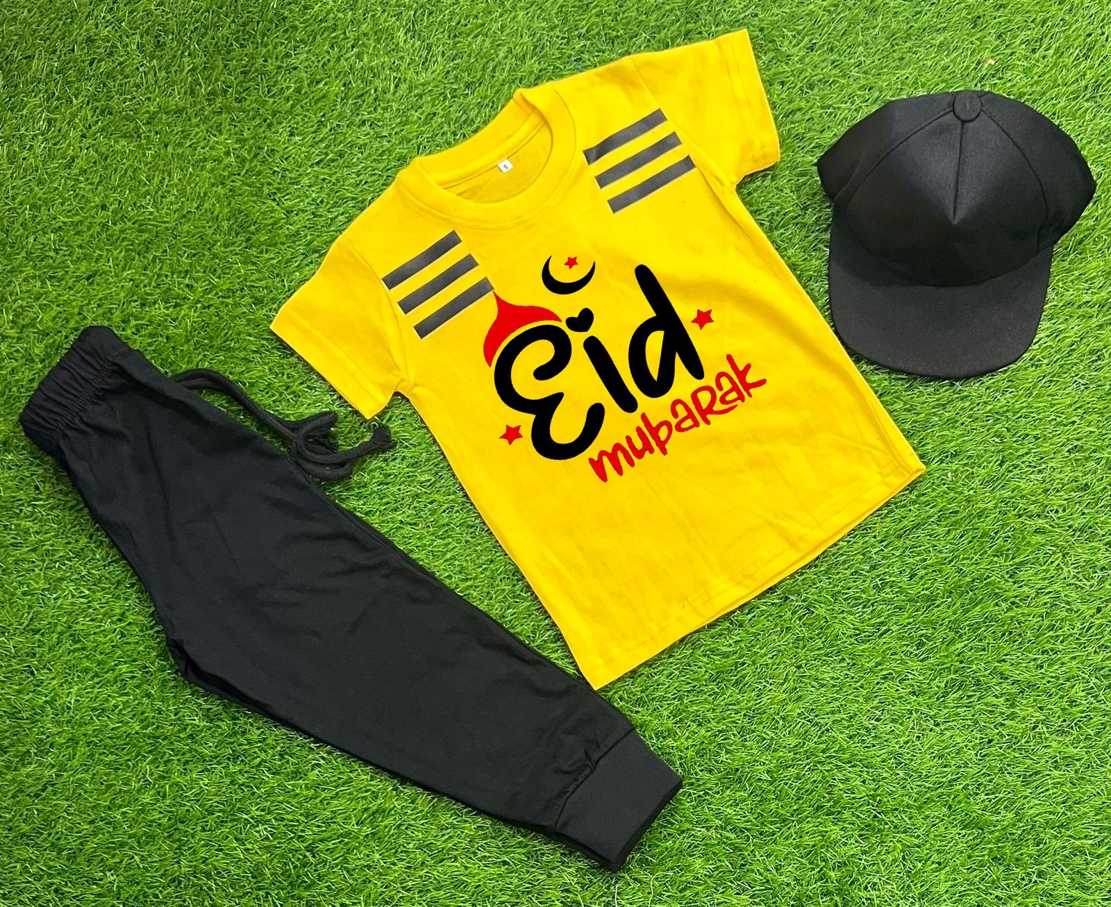 Pack Of 3 Eid Mubarak Yellow Tracksuite For Kid Shirt Trouser Cap - Image 2