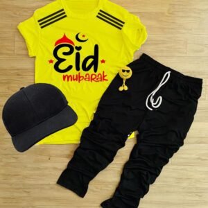 Pack Of 3 Eid Mubarak  Yellow Tracksuite For Kid Shirt Trouser Cap
