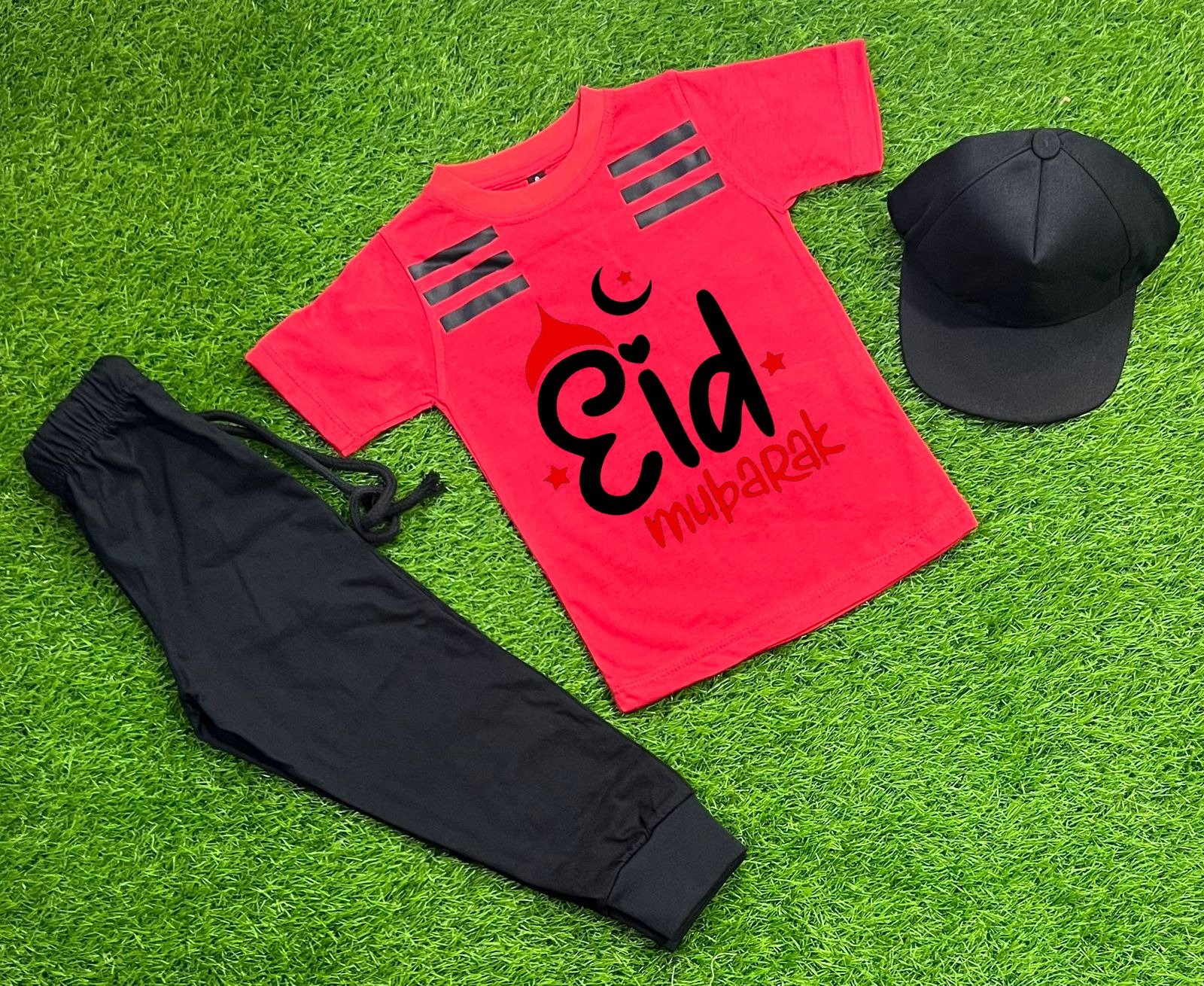 Pack Of 3 Eid Mubarak Red Tracksuit For Kid Shirt Trouser Cap - Image 2