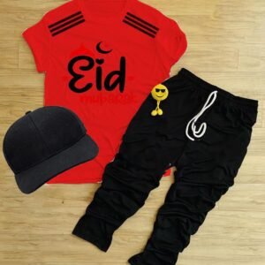 Pack Of 3 Eid Mubarak Red Tracksuit For Kid Shirt Trouser Cap
