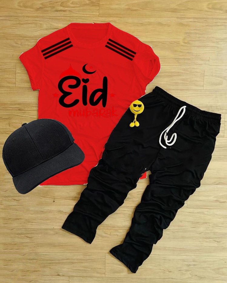 Pack Of 3 Eid Mubarak Red Tracksuit For Kid Shirt Trouser Cap