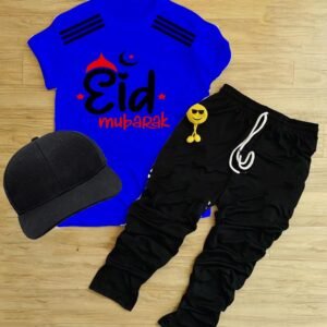 Pack Of 3 Eid Mubarak  Royal Blue Tracksuit For Kid Shirt Trouser Cap