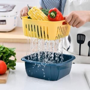 Multi-function Double-layer Draining Storage Basket with Lid | Kitchen Basket (Random Color)