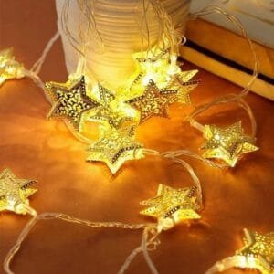 Mega Power 3 Meter 10  LED Warm White Metal Star String Lights For Home And Eid Decor., Plug-In