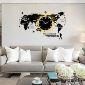 Large 3D Wooden World map wall clock With LED Neon Light | 40x55"