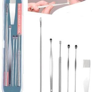 Ear Wax Removal Kit, 6-in-1 Ear Pick Tools Curette Cleaner Reusable Ear Cleaner, Stainless Steel Ear Wax Remover with Storage Case, Silver