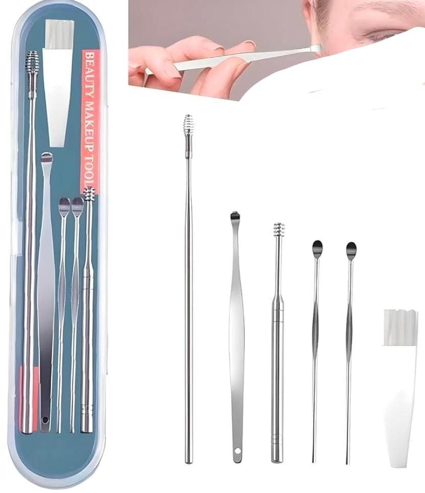 Ear Wax Removal Kit, 6-in-1 Ear Pick Tools Curette Cleaner Reusable Ear Cleaner, Stainless Steel Ear Wax Remover with Storage Case, Silver