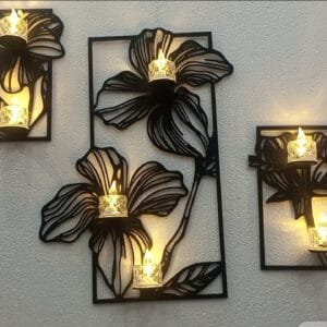3pec set Flower candle holder  wall decoration | Wooden Candle Light Holder | Wall Sticker, Wall Decoration Black color