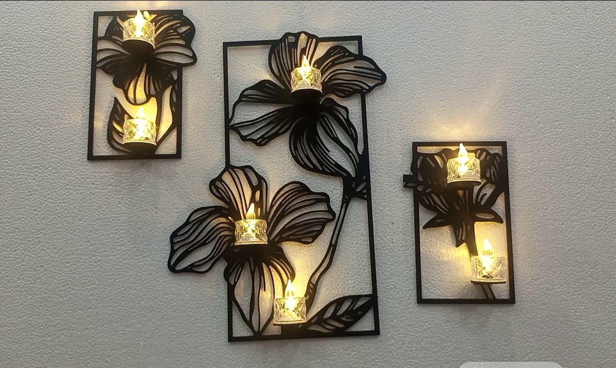 3pec set Flower candle holder wall decoration | Wooden Candle Light Holder | Wall Sticker, Wall Decoration Black color