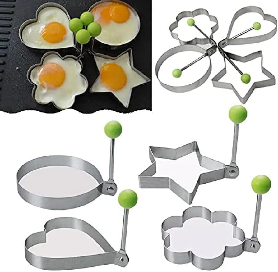 Pack of 4 New Mould Style Fried Egg Pancake Shaper Omelette Mold Kitchen Accessories | Egg Shaper Kitchen Tools Star, Heart, Round, Flower Shaped Stainless Steel With Box Packing