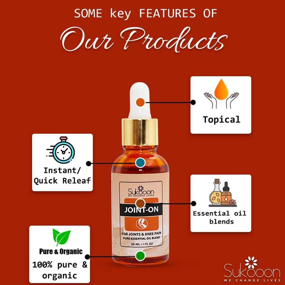 Sukoon Joint On Essential Oil Blend for pain in joints, back pain, arthritis pain, knee pain, tennis elbow, strains and sprains (30ml) - Image 3