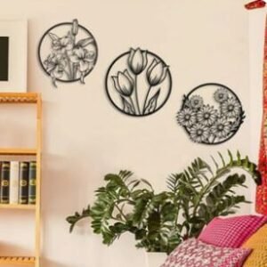 3 pec set  Flowers art Wall hanging decorations MDF wood material  Black color
