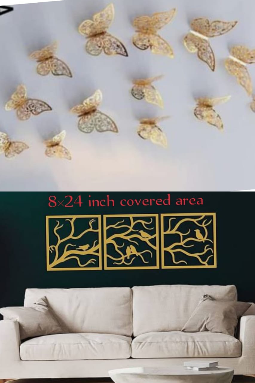 (best Deal ) Tree art + (12pcs) 3D butterfly stickers Wall decorations Golden color