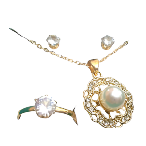 Crystal Simulated Button Pearl Pendant With Gold Tone Chain and Stud Earrings and rings Set