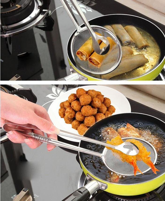 2 IN 1 FRYING TONG | Imported Small Multi-functional 2 in 1 Fry Tool Filter Spoon Strainer With Clip, Oil Frying BBQ Filter Stainless Steel Mesh - Image 3