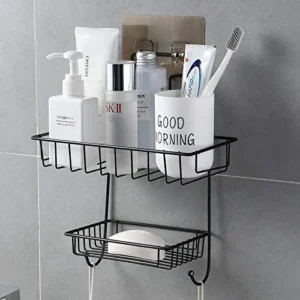 Bathroom Organizer with Two Shelves & Soap Holder Made of Durable Steel