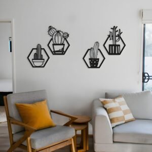 4 pc in set Hexagon cactus art Wall decorations MDF material  Black color