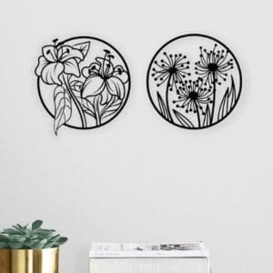 Set of 2 Wooden Flower | Decorative Metal Flower | Wall Art Simple Black Wall Decoration Round Hollow Flower Wall Sculpture Easy to Hang Suitable for Indoor Outdoor and Garden