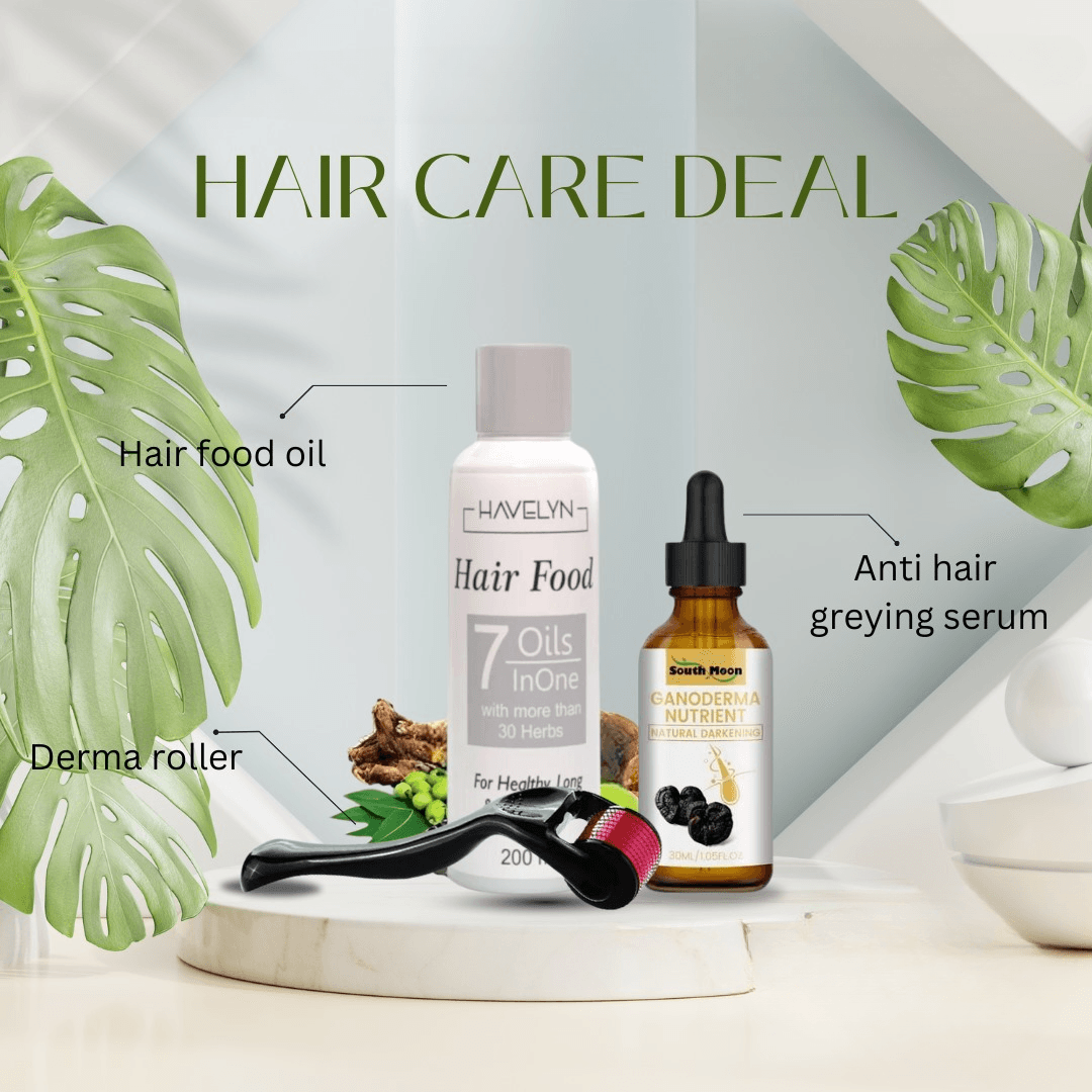 Hair Care Deal Havelyn Hair Food Oil | Derma Roller 540 Titanium Needle | Anti-greying Hair Serum , Drakkar Hair Capped Bottle Organic Ganoderma for Men & Women